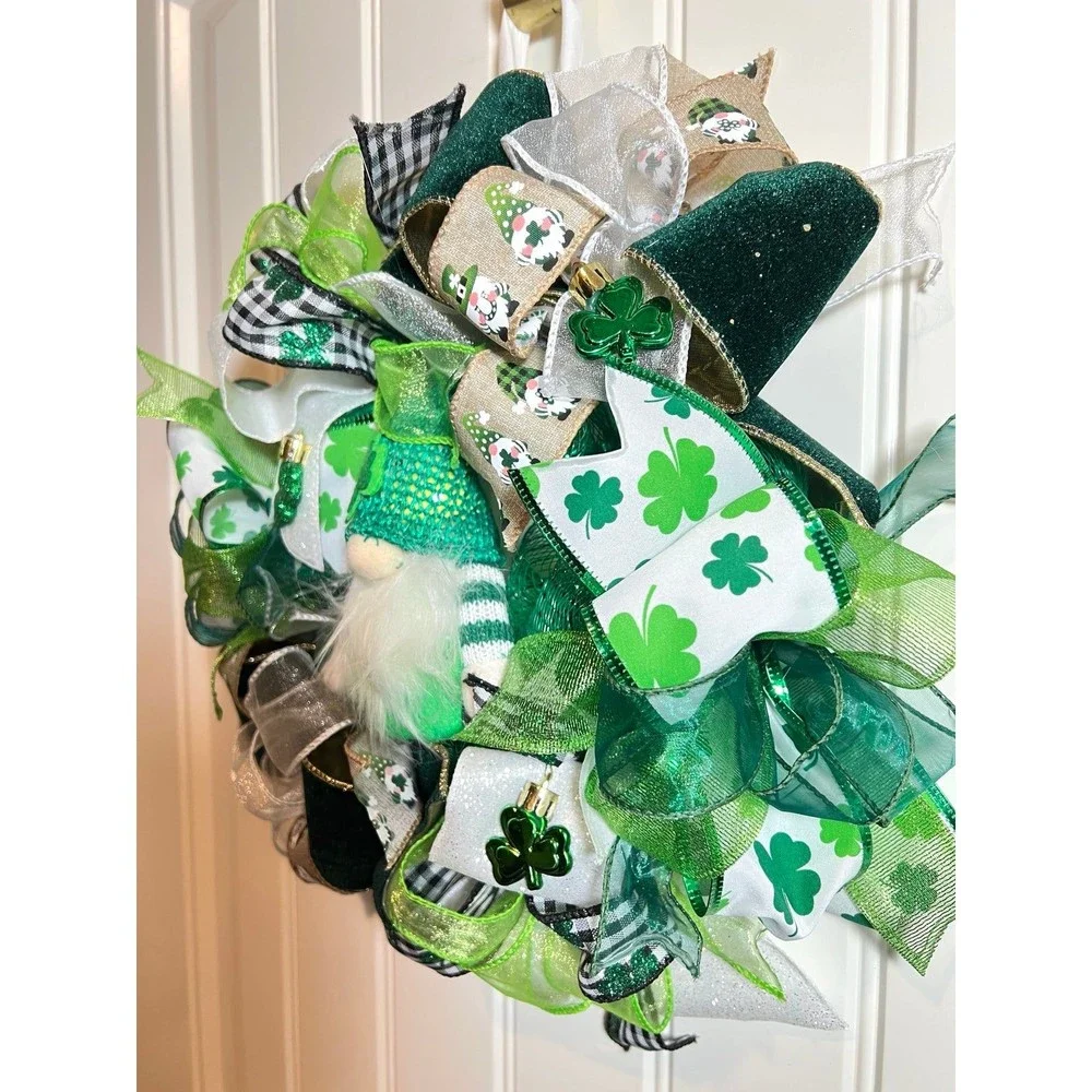 13” St. Patrick’s Day Ribbon Wreath Gnomes : Green & White Handmade MW9
